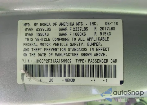 2010 Honda Accord 2.4 Lx из США, поврежденный, VIN 1HGCP2F31AA169902